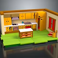 Cartoon Kitchen Scene With Yellow Cabinets White Countertop Green Floor Small Table And Window
