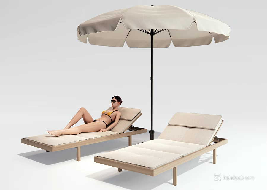 Outdoor Lounge Chairs Featuring Wooden Frame Beige Cushions Sun Umbrella And Woman Relaxing 3d model 