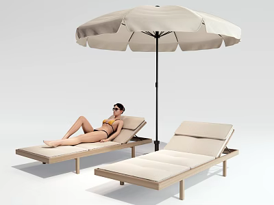 Outdoor Lounge Chairs Featuring Wooden Frame Beige Cushions Sun Umbrella And Woman Relaxing 3d model