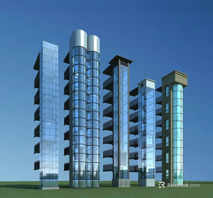 Efficient Modern Elevator Systems In High Rise Glass Facade Buildings 3d model 