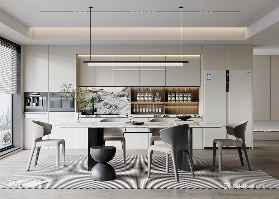 Modern Restaurant Interior With Dining Table Chairs Pendant Lights And Open Design 3d model