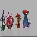 Artistic Colorful Floral Sculptures With Long Stems Curled Edges Vibrant Hues And Red Top Orbs