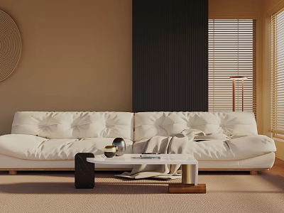 Modern White Three Seater Sofa In Beige Interior With Coffee Table And Natural Light 3d model