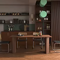 Modern Wooden Dining Table With Metal Chairs And Kitchen Shelves Interior