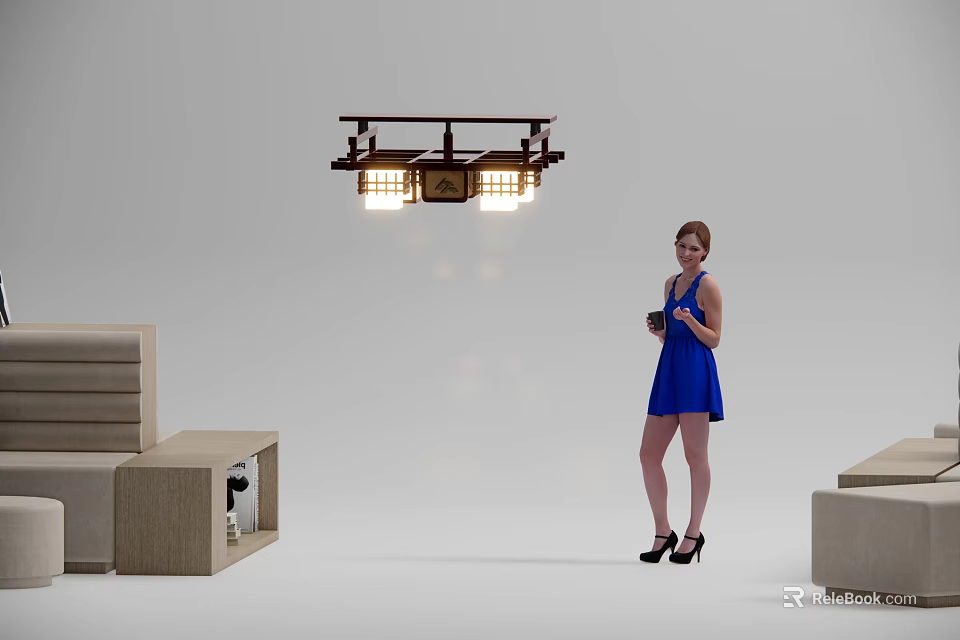 Modern Chandelier Hanging in Room with Sofa and Woman in Blue Dress 3d model 