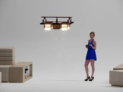 Modern Chandelier Hanging in Room with Sofa and Woman in Blue Dress 3d model