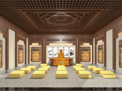 Buddhist Meditation Hall Interior With Golden Buddha Statue Yellow Cushions And Intricate Wooden Ceiling 3d model
