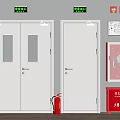 Fire Safety Equipment Setup With Emergency Exit Signs Fire Doors Extinguishers And Hydrant Cabinets