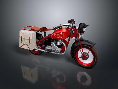 Red Vintage Motorcycle With Leather Seat And Side Storage Bag Classic Design 3d model