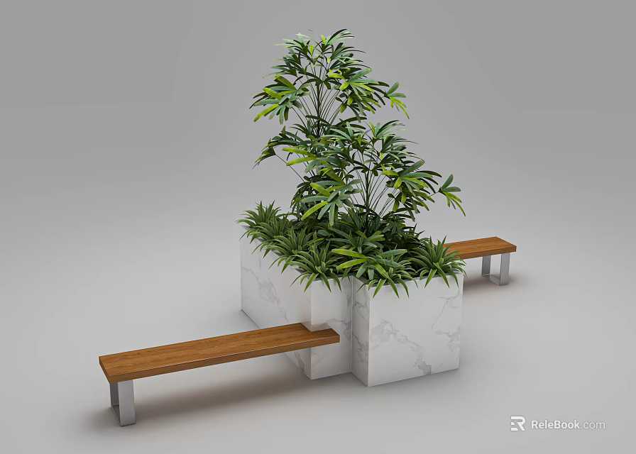 Modern Public Chairs With Wooden Seats Metal Legs And White Marble Planter With Green Plants 3d model 