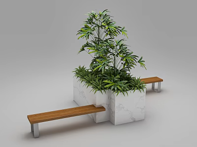 Modern Public Chairs With Wooden Seats Metal Legs And White Marble Planter With Green Plants 3d model