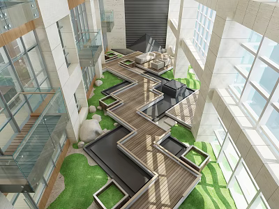Modern Interior Landscape With Wooden Platforms Greenery Water Pool And Glass Walls 3d model
