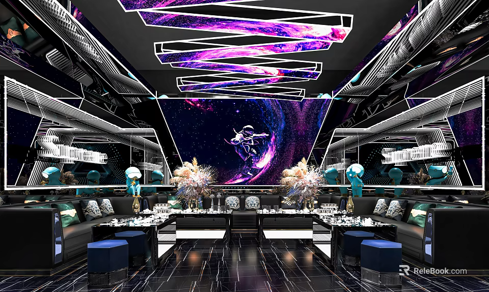 Modern KTV Interior Design With Colorful Lighting Comfortable Sofa Seating And Decorative Walls 3d model 