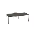 Modern Dark Wood Dining Table Set With Black Metal Legs And Light Gray Upholstered Chairs