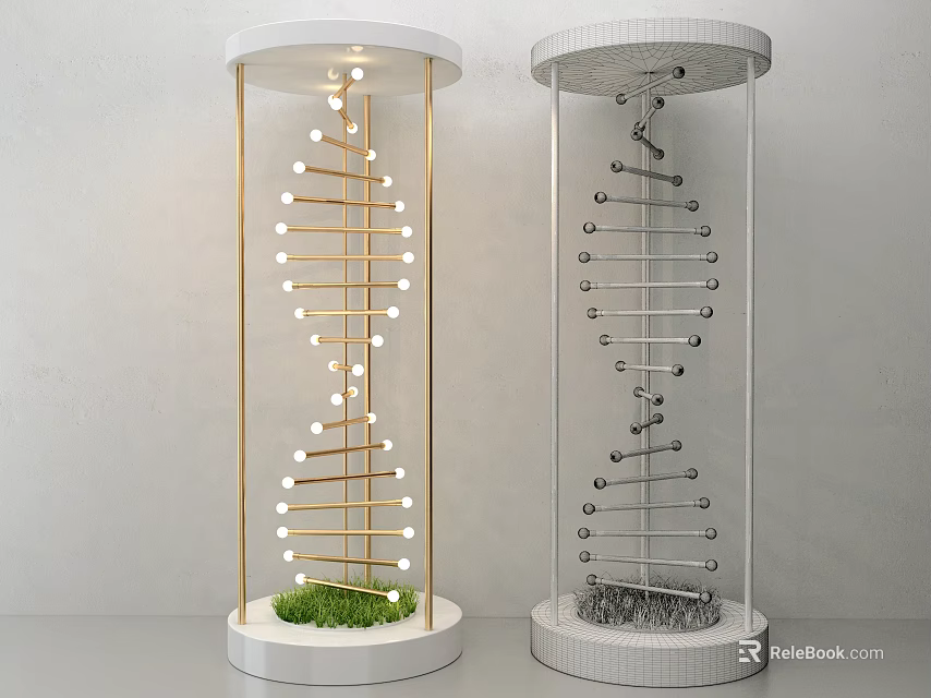 Decorative Transparent Cylindrical Displays With Gold Silver Spiral Structures And Green Grass Gray Stones Base 3d model 