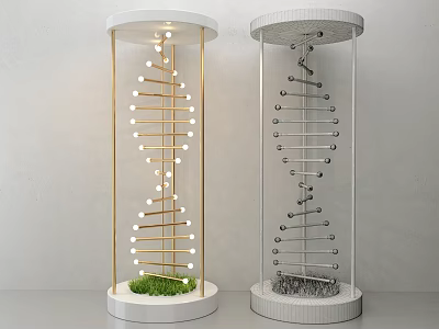Decorative Transparent Cylindrical Displays With Gold Silver Spiral Structures And Green Grass Gray Stones Base 3d model