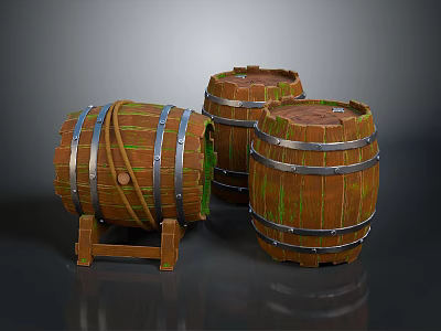 Vintage Wooden Barrels With Metal Hoops And Mossy Texture On Stand 3d model