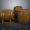 Vintage Wooden Barrels With Metal Hoops And Mossy Texture On Stand