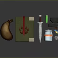 Fantasy Medieval Props Collection With Green Box Red Ribbon Dagger And Leather Pouch