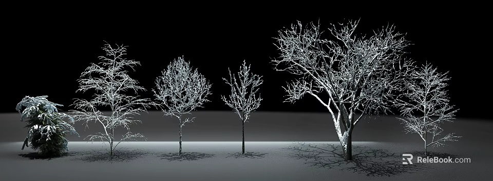 Tall Trees With Bare Branches And Snow Covered Twigs In Winter Landscape 3d model 