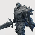 Detailed Armored Warrior Sculpture Holding Sword and Spiked Mace on Skull Base
