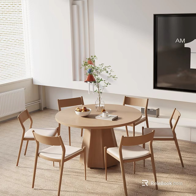 Minimalist Round Dining Table Set With Five Chairs Decorative Vase And Fresh Fruits On Top 3d model 