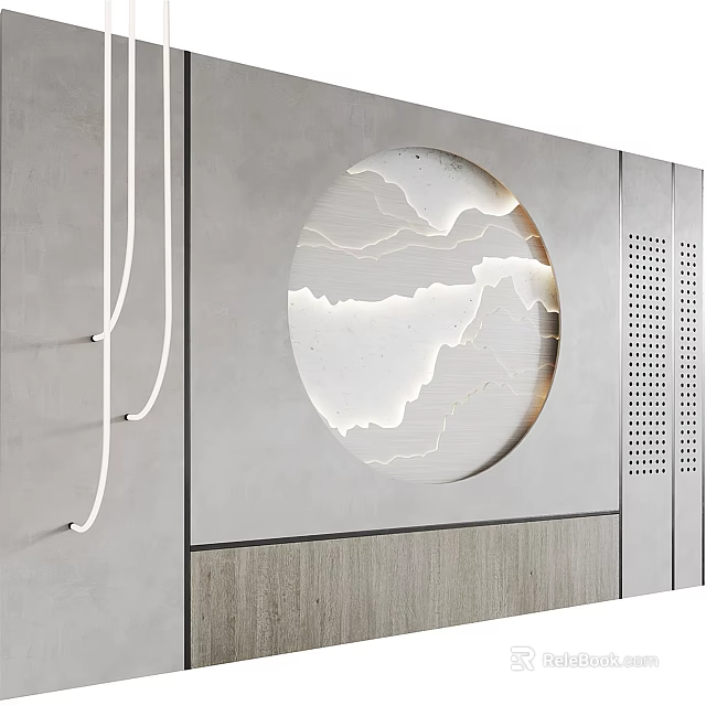 Modern Bed Accent Wall With Circular Marble Inlay And Gray Tones 3d model