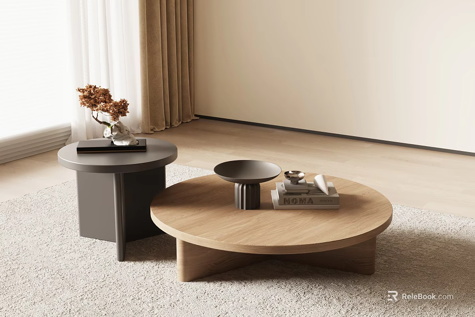 Modern Round Wooden Coffee Table With Decorative Bowl Books And Side Table In Living Room 3d model 