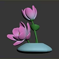 Two Pink Lotus Flowers With Green Leaves On Blue Decorative Base