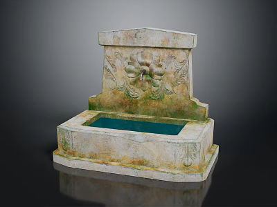 Garden Ornament Stone Fountain With Carved Design Square Base Blue Water Basin For Outdoor Landscaping 3d model