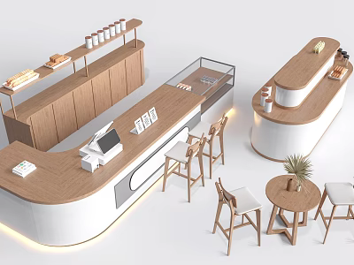 Modern Reception Desk Design With Wooden Countertop White Base Chairs Small Tables And Plant 3d model