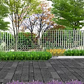 Garden Scenic Wall With Lattice Design Surrounding Trees Green Plants And Purple Flowers