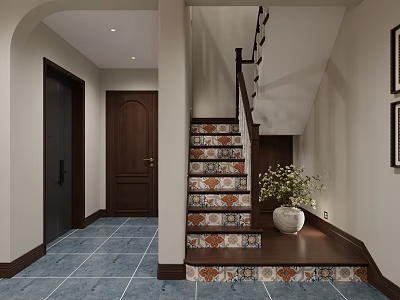 Tiled Staircase With Wooden Handrail In Interior Entryway Blue Tiled Floor And Potted Plant 3d model