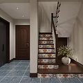Tiled Staircase With Wooden Handrail In Interior Entryway Blue Tiled Floor And Potted Plant