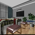 Beauty Salon Interior With Colorful Striped Beauty Beds Brown Stools Green Plants And Recessed Lighting