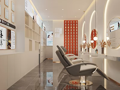 Modern Beauty Hair Salon Interior Design With Stylish Chairs Mirrors And Decorative Shelves 3d model