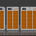 Three Orange Smart Lockers With Digital Screens And Numbered Storage Compartments 3d model
