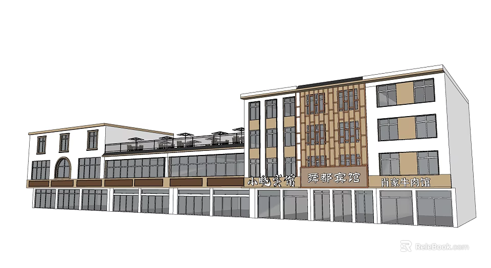 Modern Commercial Complex With Multi story Glass Facade And Outdoor Terrace Design 3d model 
