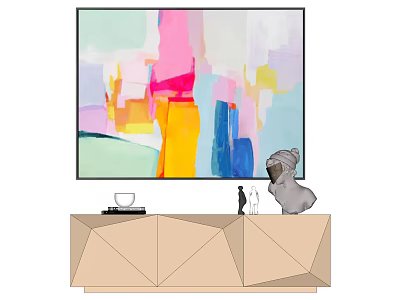 Colorful Abstract Painting Above Geometric TV Stand With Decorative Figurines 3d model