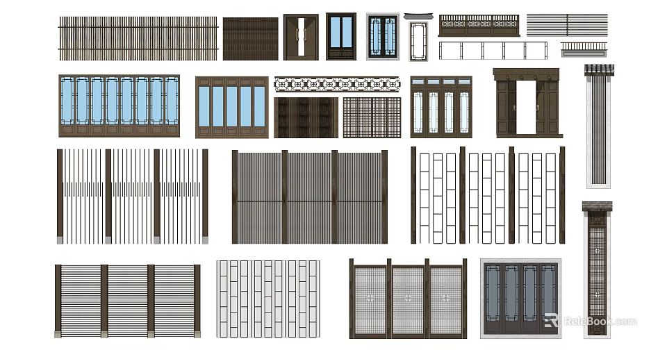 Various Room Divider Designs Including Wooden Grilles And Glass Panels 3d model 