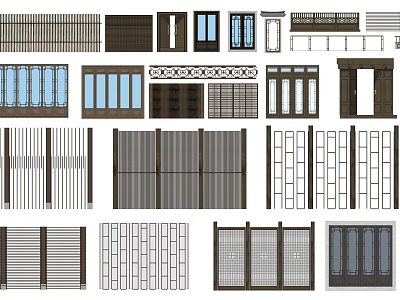 Various Room Divider Designs Including Wooden Grilles And Glass Panels 3d model