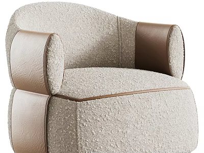 Modern Beige Boucle Upholstered Leisure Chair With Brown Leather Patchwork For Cozy Home Interior 3d model