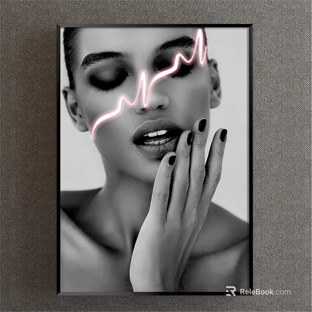 Modern Monochrome Portrait of Woman with Closed Eyes Pink Neon Lines and Hand on Cheek 3d model 