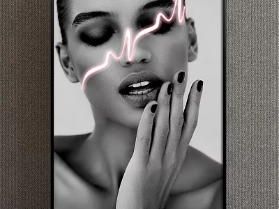 Modern Monochrome Portrait of Woman with Closed Eyes Pink Neon Lines and Hand on Cheek 3d model