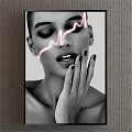 Modern Monochrome Portrait of Woman with Closed Eyes Pink Neon Lines and Hand on Cheek