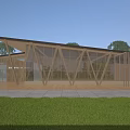 Modern Wooden Visitor Center With Large Glass Windows And Green Lawn Trees