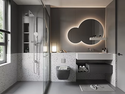 Modern Bathroom Interior With Cloud Shaped Mirror Speckled Walls Vanity And Shower Area 3d model