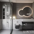 Modern Bathroom Interior With Cloud Shaped Mirror Speckled Walls Vanity And Shower Area