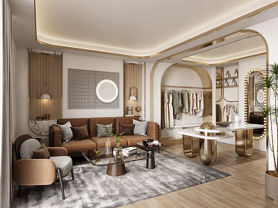 Elegant Modern Clothing Store Interior With Display Racks Sofa Mirror Rug And Warm Lighting 3d model