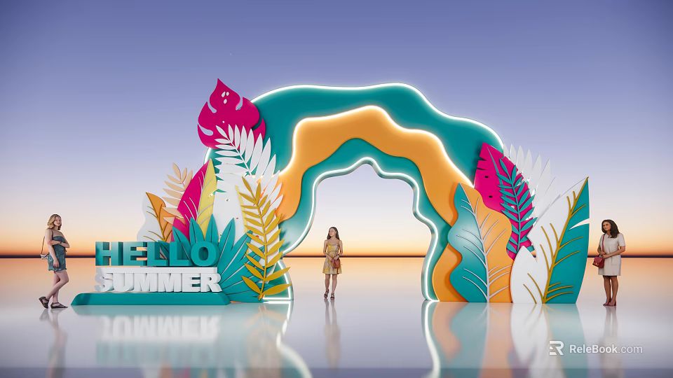 Summer Event Entrance With Colorful Tropical Leaves And Hello Summer Signage 3d model 